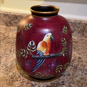 Red decorative vase with bird print
